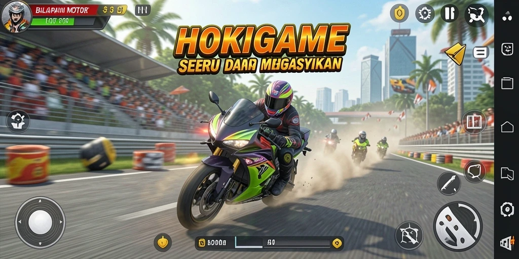 Tampilan gameplay HOKIGAME yang mendebarkan dalam balapan motor.