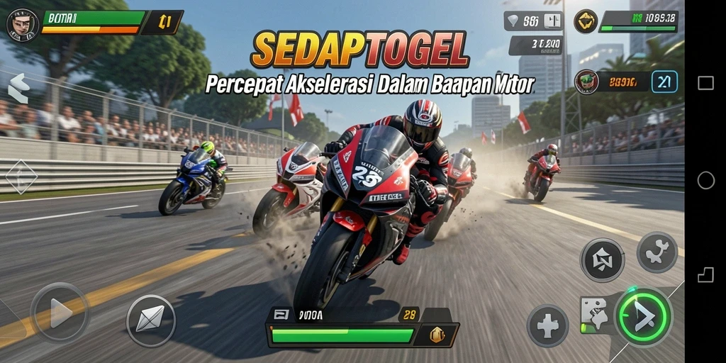 Gameplay seru SEDAPTOGEL dengan balapan motor penuh aksi.
