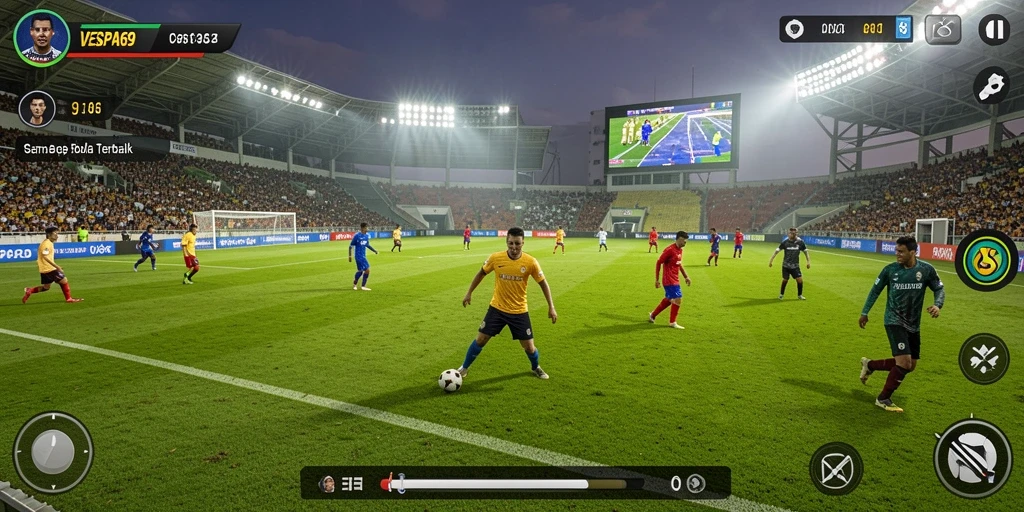 Tampilan gameplay VESPA69 menunjukkan aksi mendebarkan di lapangan sepak bola.