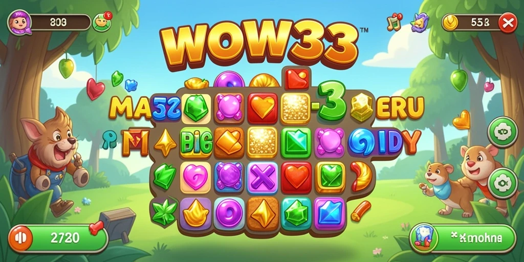 Screenshot utama WOW33 menampilkan gameplay Match-3 yang penuh warna.